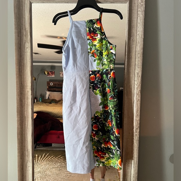 Anthropologie Maeve Midi Dress 4p Orange Bough Sheath Stretch Blue High Neck - Picture 9 of 14
